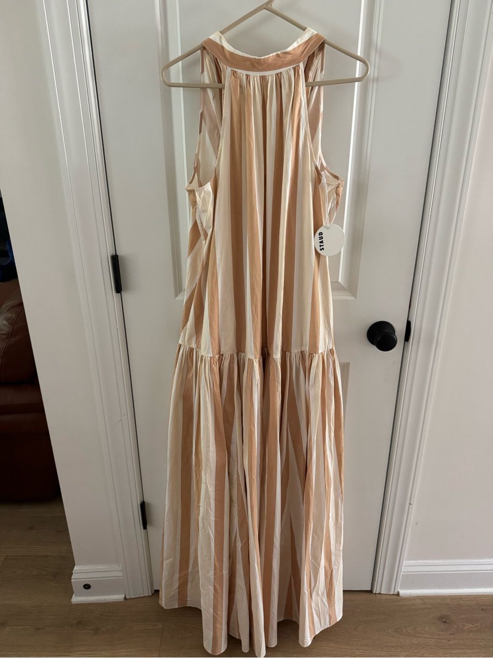 STAUD Cream and Tan Striped Halter Maxi Dress